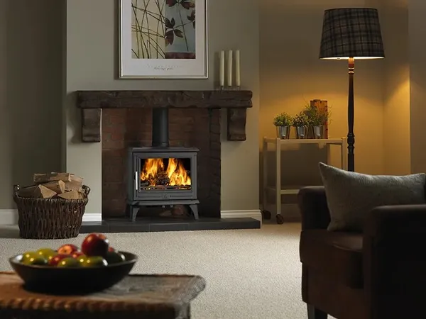 Wood burning stove installed in a period fireplace